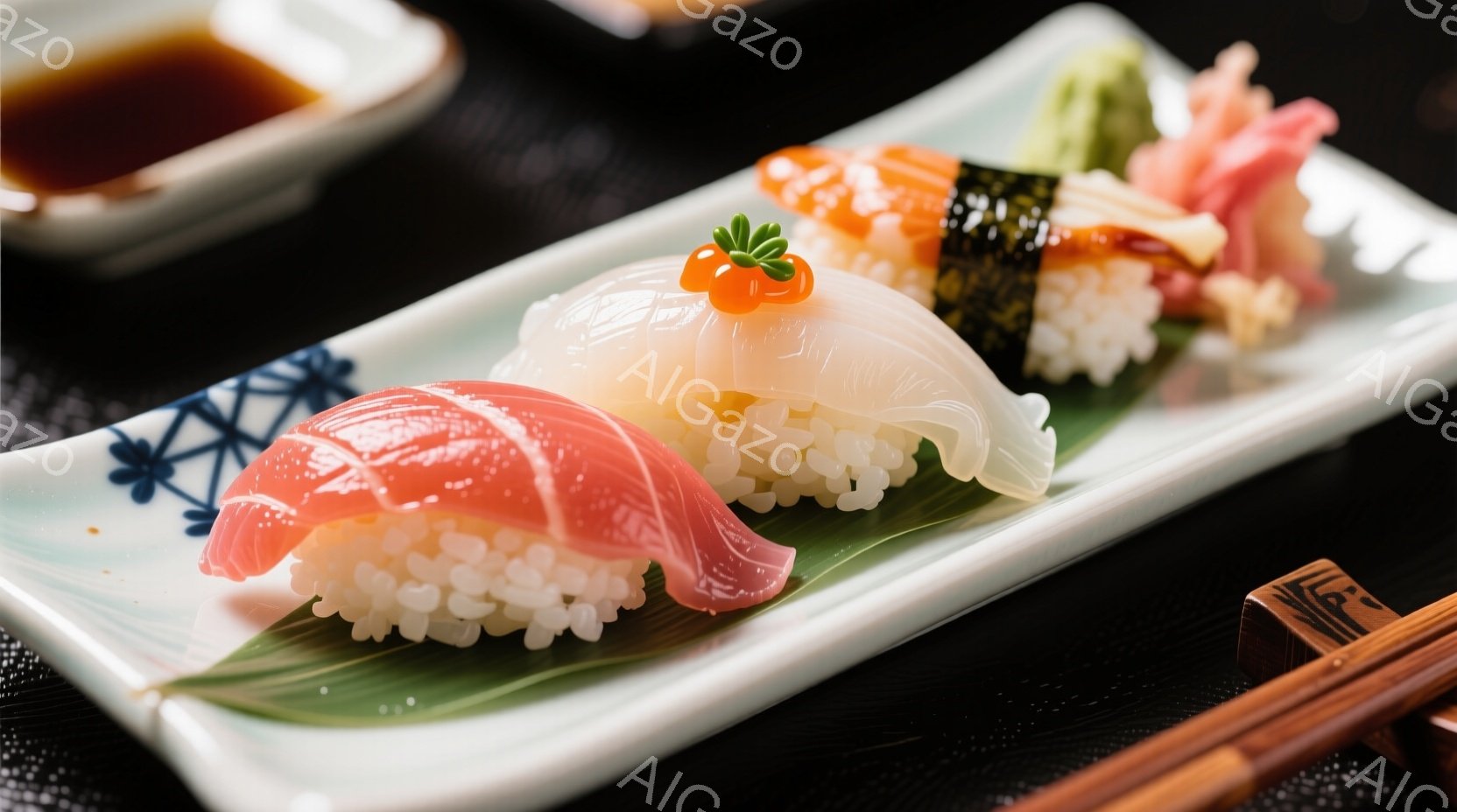 浅黄色の縁取りのある白い皿に、細長く切られた緑と赤の唐辛子が盛られています。唐辛子は光沢があり、細かく刻まれたニンニクや香辛料が散りばめられ、ピリ辛な風味を想像させます。背景には竹製のコースターや、ぼやけた青色の器が見え、落ち着いた和食の雰囲気を醸し出しています。