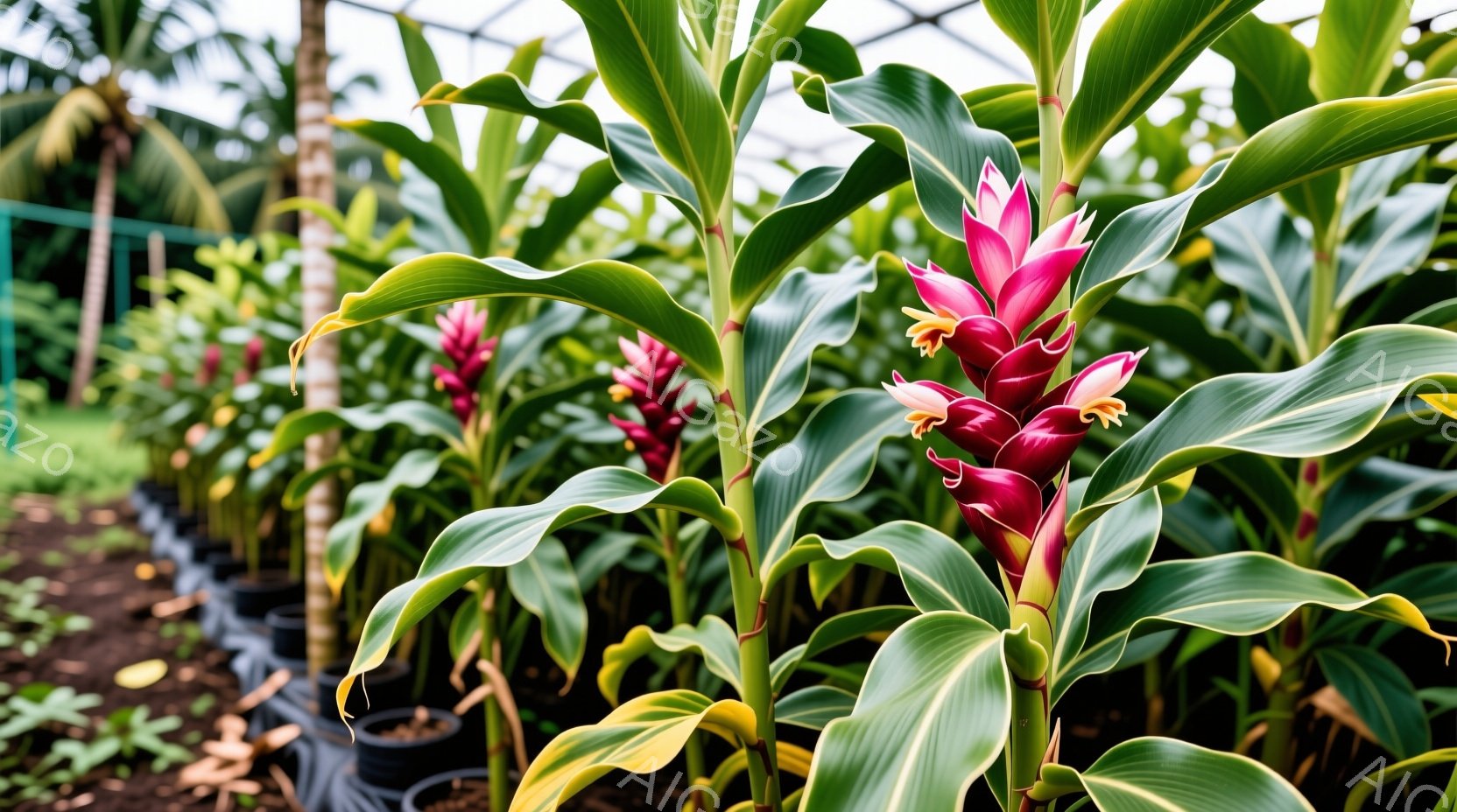 鮮やかなピンクと黄色の花を咲かせたショウガ科の植物が、緑色の縞模様が入った大きな葉とともに画面中央に大きく広がっています。黒いプラスチック製の鉢に入れられた植物が整然と並び、その背景には明るい日差しが差し込む植物園のような場所が見えます。全体的に、熱帯の植物園の活気と植物の生命力を感じさせる、鮮やかで落ち着いた雰囲気の画像です。