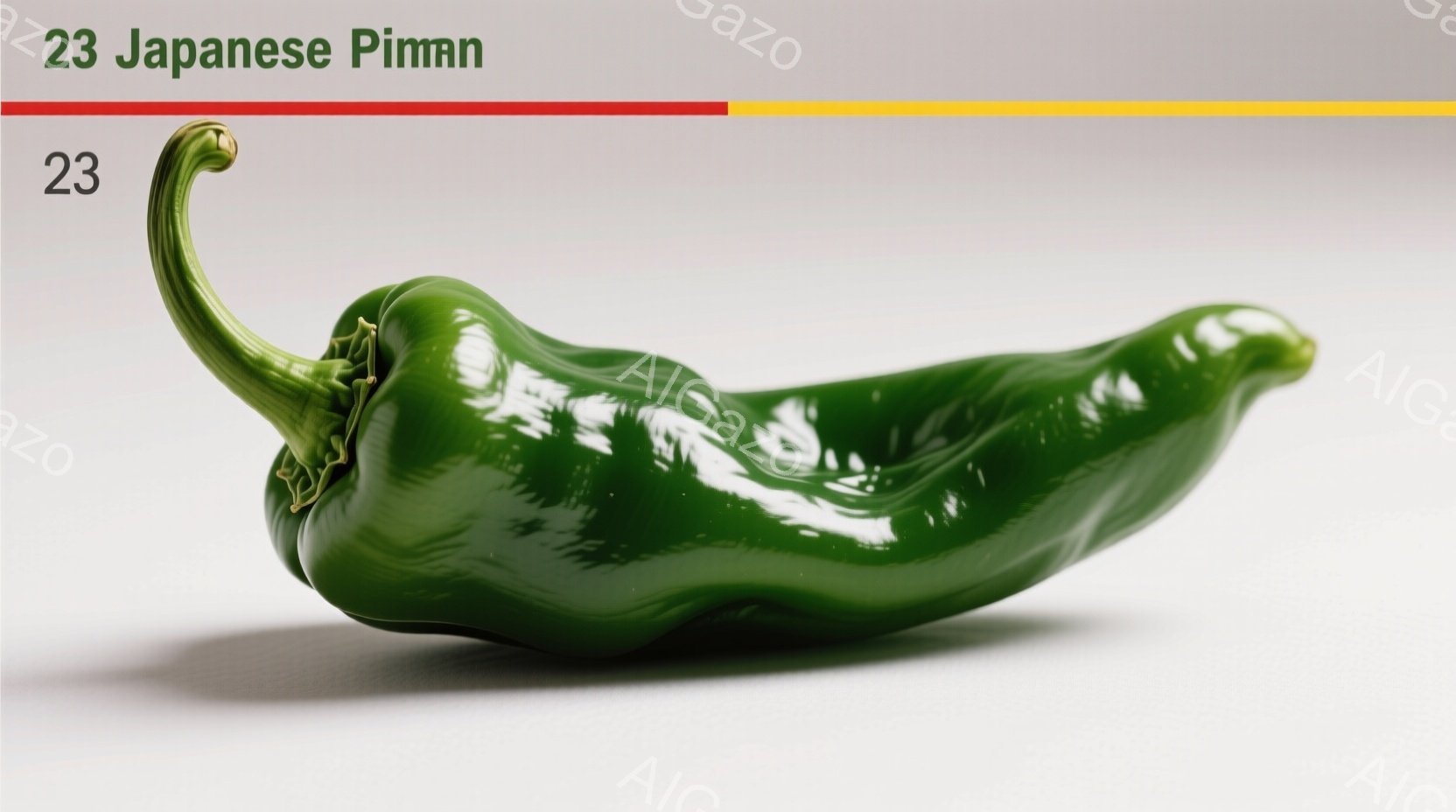 鮮やかな緑色のピーマンが、白い背景の上に置かれています。表面はつややかで光沢があり、わずかに湾曲した形をしています。影が薄く落ちており、全体的にシンプルで清潔な印象です。