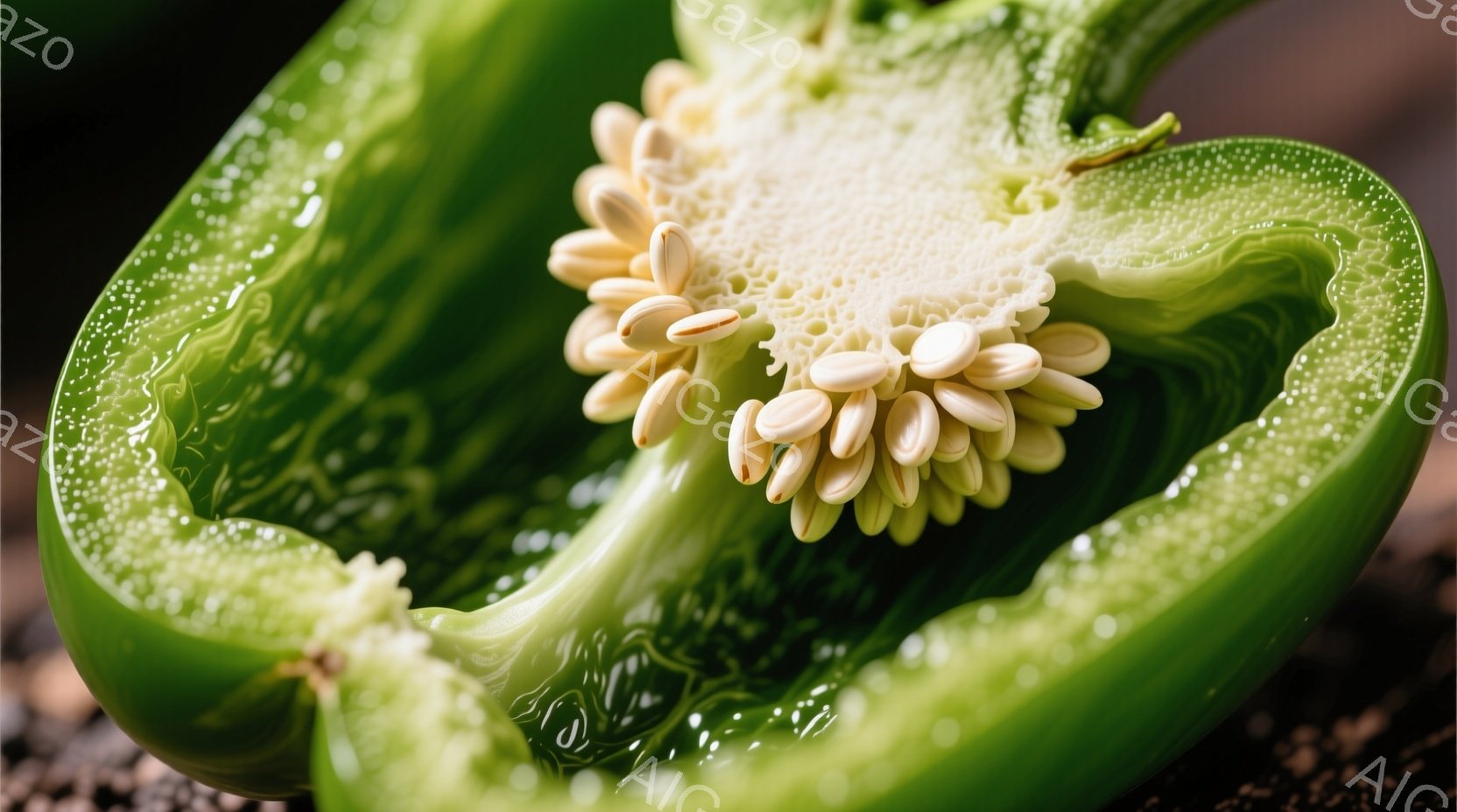 鮮やかな緑色の唐辛子が、浅い編み込みの籠にたっぷり詰まっています。背景は木の質感を感じさせる濃い茶色のテーブルで、籠の周りにいくつかの唐辛子が散らばっています。全体的に、新鮮で自然な雰囲気が漂い、料理 - AI生成フリー素材