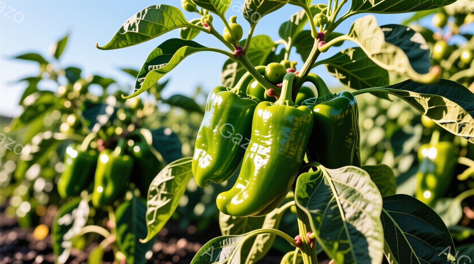 鮮やかな緑色のピーマンが、葉と茎に覆われた状態で密集して写っている。背景には畑が広がり、ピーマンの葉の緑と土の茶色が対照的である。全体的に、収穫前のピーマン畑の活気と自然の豊かさを感じさせる、明るく爽 - AI生成フリー素材