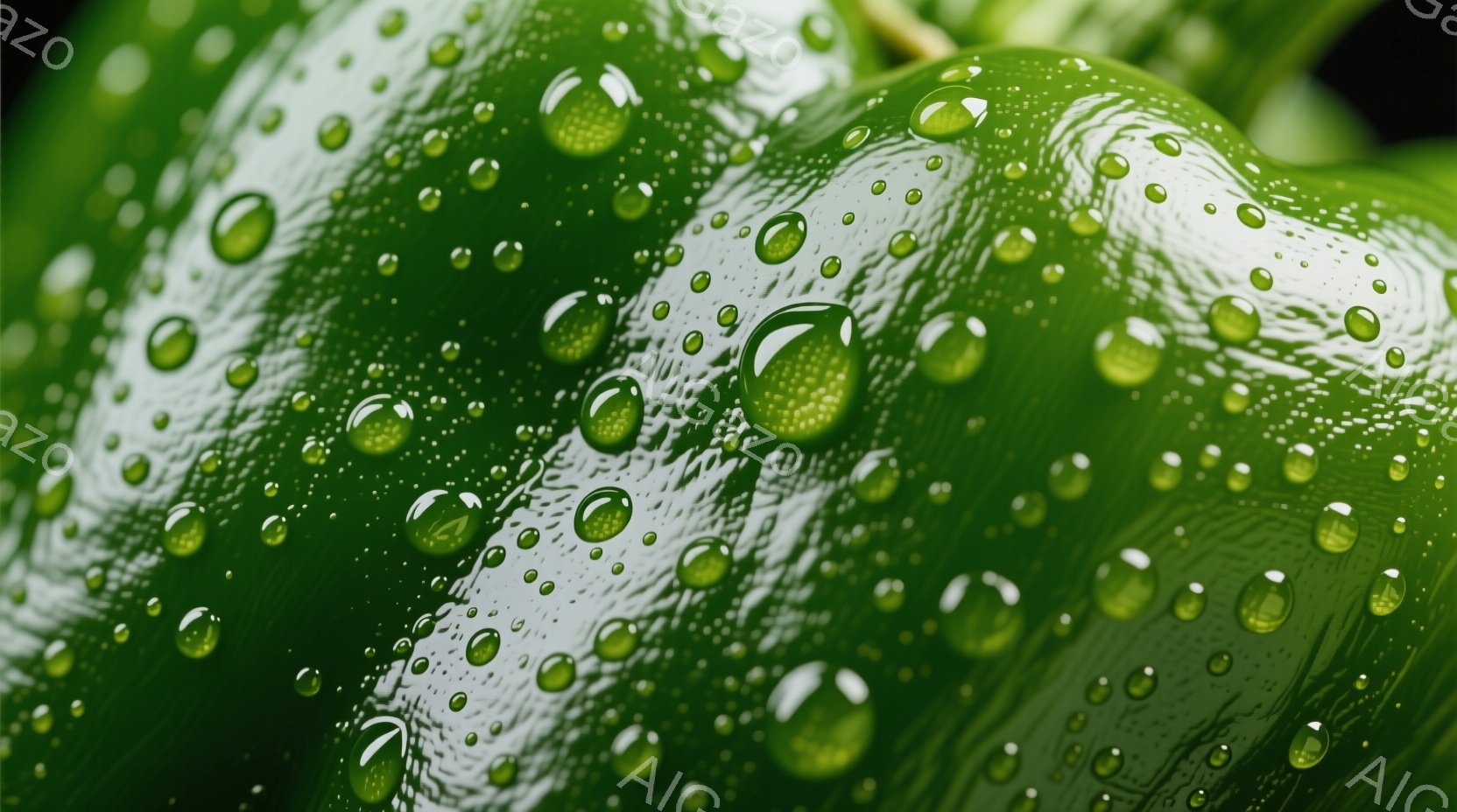 鮮やかな緑色のピーマンが写っており、表面には水滴がびっしりと付着しています。水滴は丸く光沢があり、ピーマンの独特な隆起した表面に美しく反射しています。全体的に、雨上がりの自然の新鮮さと、ピーマンの生命力を感じさせる鮮やかなイメージです。