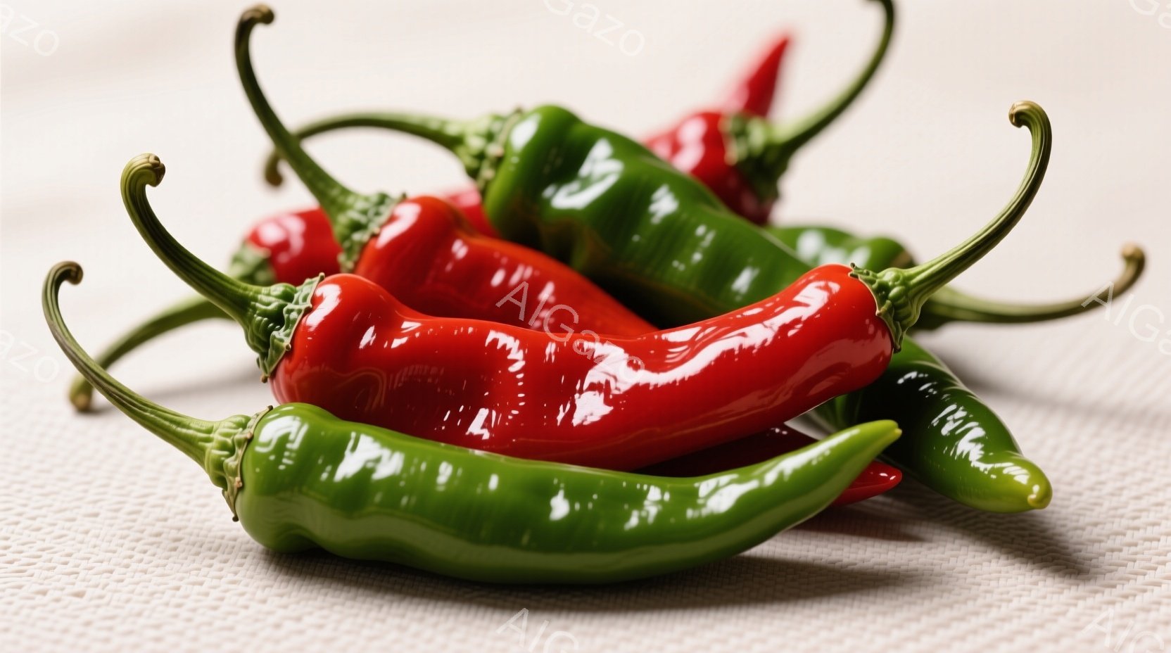 鮮やかな赤と緑の唐辛子が、テクスチャのある白い布の上に重なり合って配置されている。唐辛子は光沢があり、つやつやとしており、その鮮やかな色は食欲をそそる。背景はシンプルで、唐辛子の色と形が際立っている。 - AI生成フリー素材