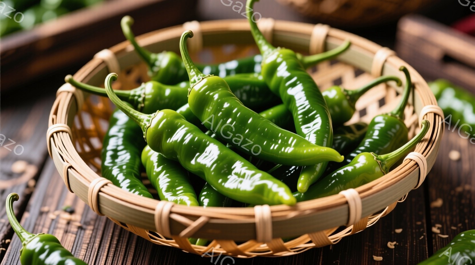 鮮やかな緑色の唐辛子が、浅い編み込みの竹かごに山のように盛られています。木製のテーブルの上に置かれており、背景にはぼやけた別の竹かごが見えます。全体的に、新鮮で自然な、食欲をそそる雰囲気です。