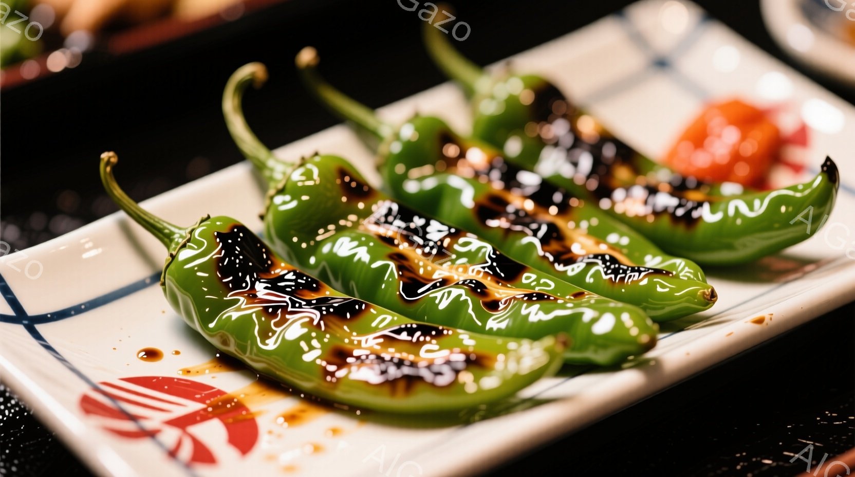 皿の上には、照り焼きのようなタレがかかった、ししとうのような青唐辛子が数本並んでいます。唐辛子は焼けて少し焦げ目がついており、みずみずしい緑色が食欲をそそります。背景には、わずかに他の料理の一部が見え、落ち着いた雰囲気の中で食事を楽しむ様子が想像できます。