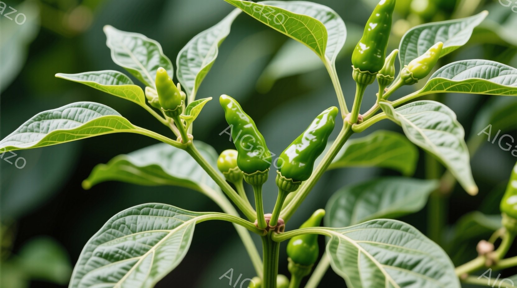鮮やかな緑色のトウガラシの植物が写っています。葉は光沢があり、まだ緑色の実が茎に沿って複数ついています。背景はぼやけていますが、他の植物が見え、全体的に自然な雰囲気です。
