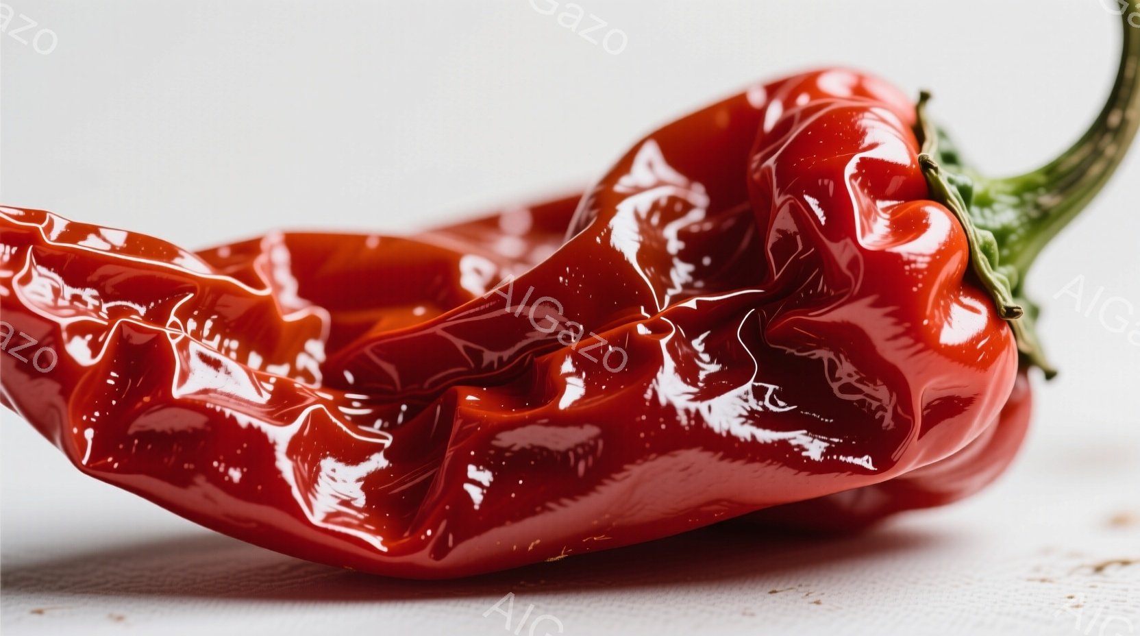 鮮やかな赤色の唐辛子が、白い背景に横たわっています。表面は光沢があり、しわが寄り、独特の質感を表現しています。茎の部分は緑色で、唐辛子の鮮やかさとコントラストをなしています。