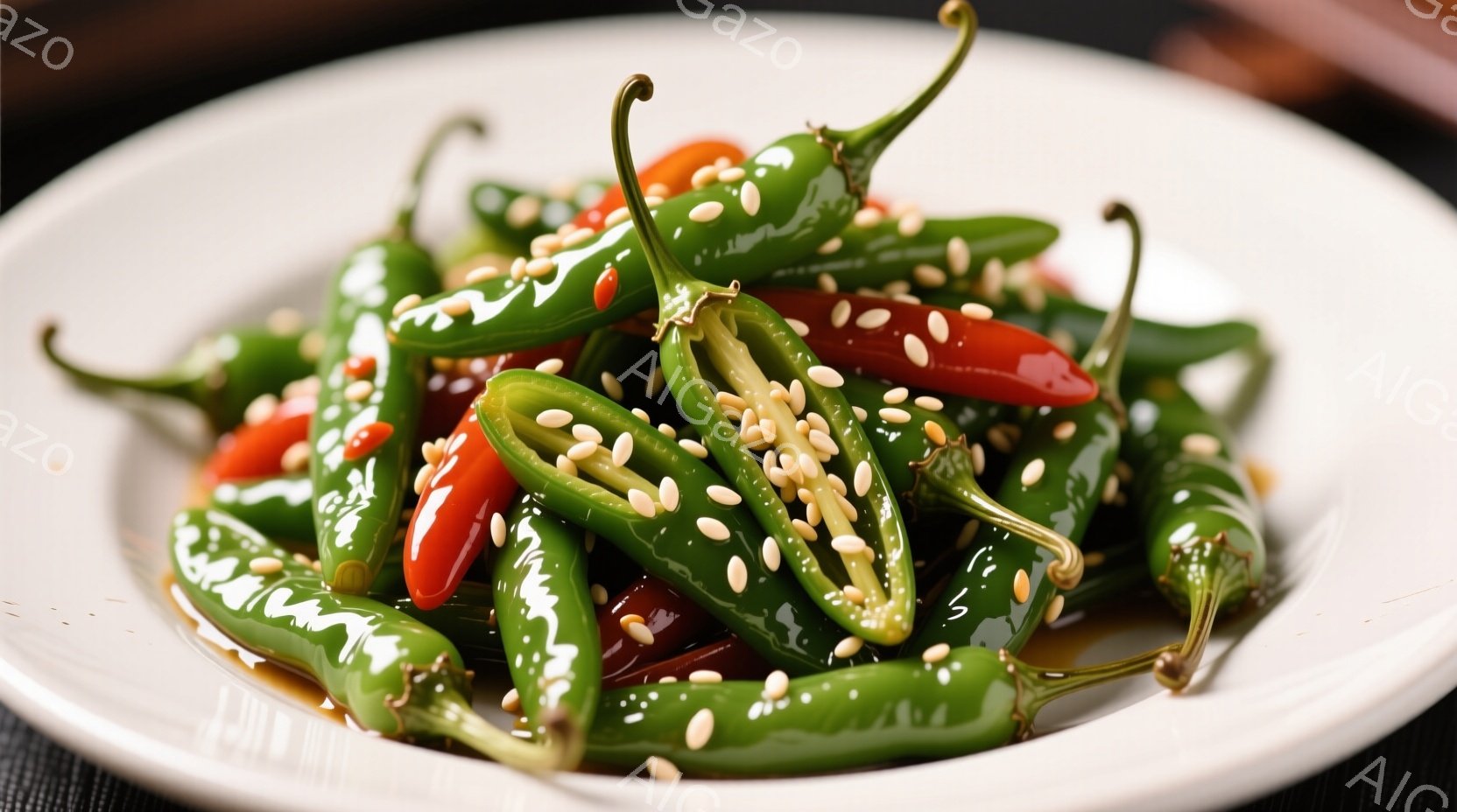 白い皿に、緑と赤の唐辛子が山のように盛られています。唐辛子は縦半分に切られ、炒められたのか光沢があり、全体に白いごまが振りかけられています。背景は暗く、唐辛子の鮮やかな色が際立っており、食欲をそそる様子が伝わってきます。