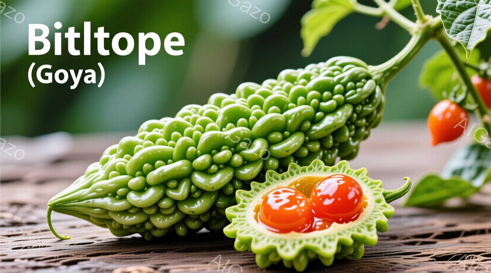 苦瓜（ゴーヤ）が、茶色の木製テーブルの上に置かれている写真です。左側には丸い苦瓜が一本、右側には縦に切断された苦瓜があり、中から赤い種が覗いています。背景には緑の葉っぱがあり、全体的に自然で健康的な印象を与えます。