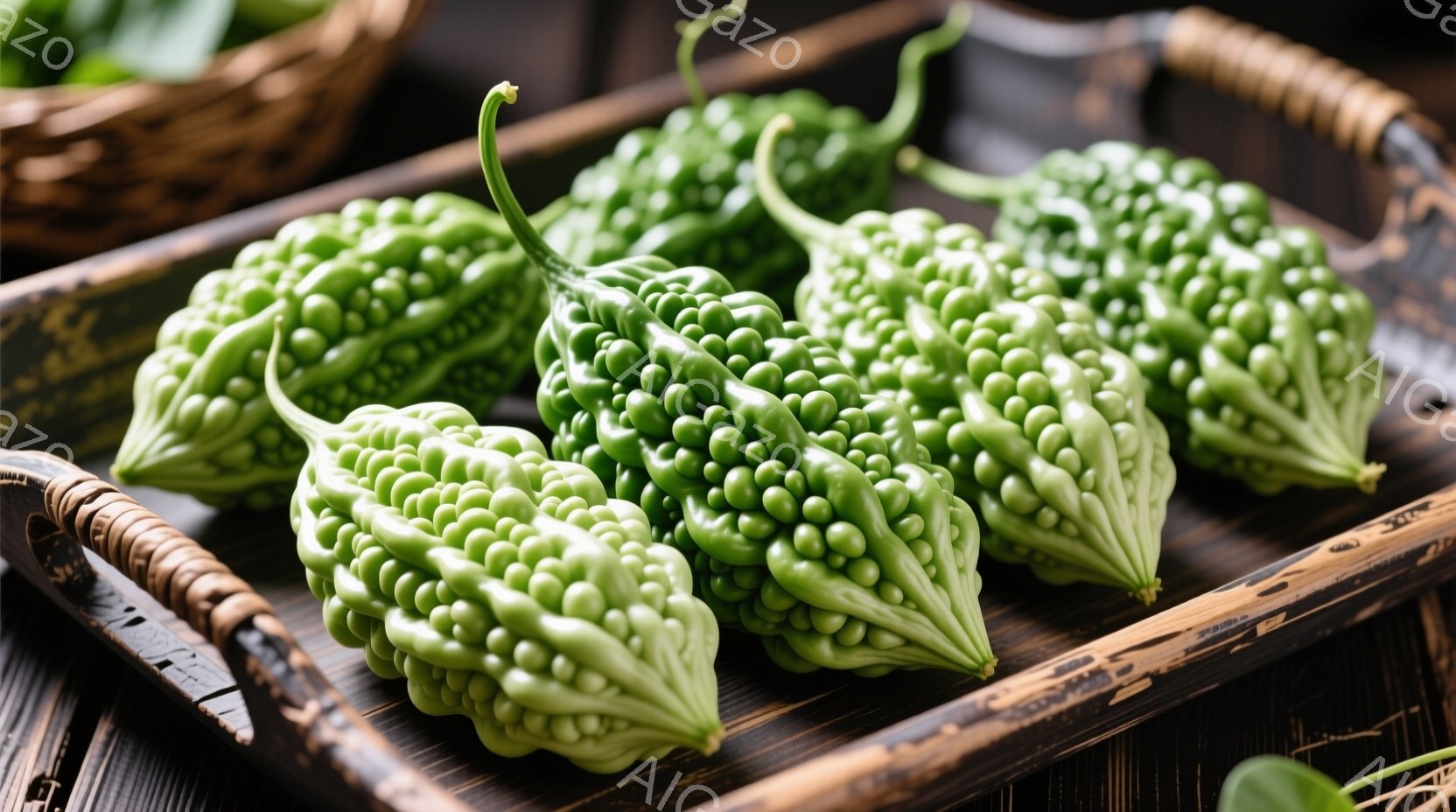 鮮やかな緑色のゴーヤが、木製のトレーの上に並べられています。ゴーヤは表面に独特のイボがあり、光沢があり、新鮮な印象を与えます。背景は暗い木目調で、ゴーヤの緑色が際立っており、素朴で自然な雰囲気を醸し出しています。