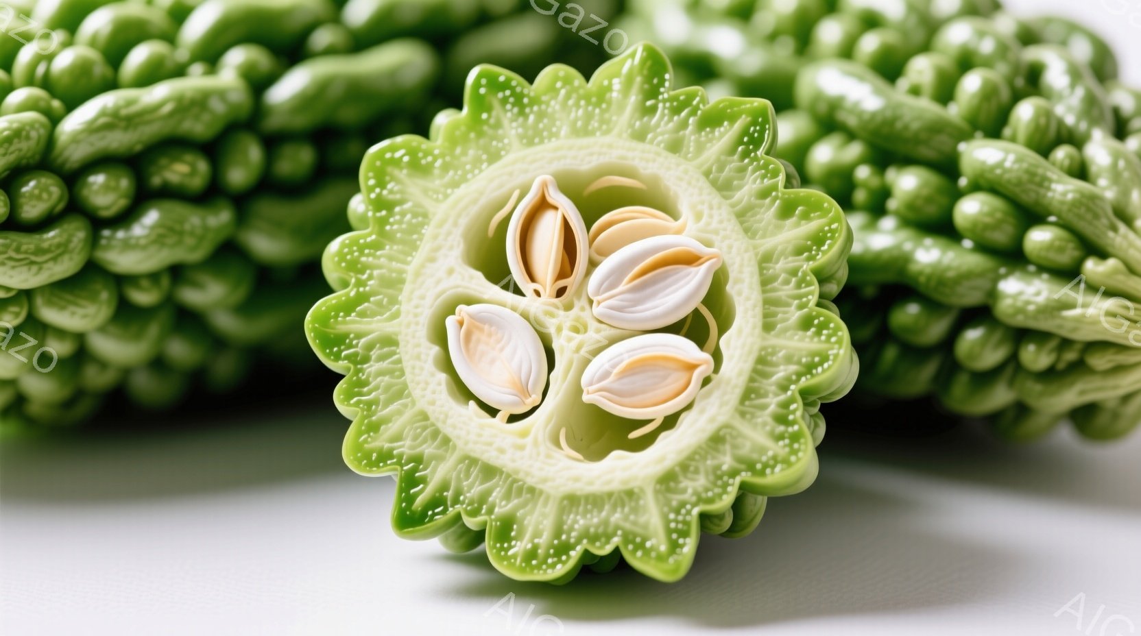 苦瓜が白い背景に置かれています。一つは半分に切られており、中から白い種が覗いています。苦瓜の表面は独特のイボイボとした質感で、鮮やかな緑色が特徴的です。