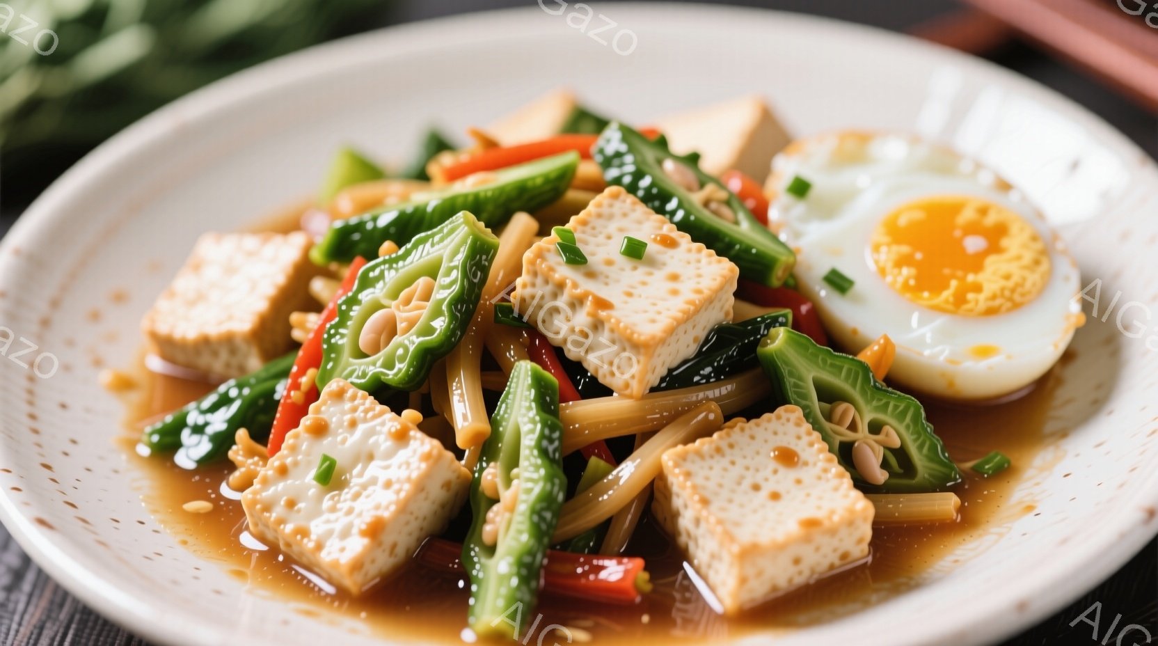 皿の上には、豆腐、ピーマン、パプリカ、インゲンなどの野菜が炒められた料理が盛られています。半熟卵が添えられ、全体に照り照りのタレがかかっています。彩り豊かで食欲をそそる、家庭的な炒め物の一品です。