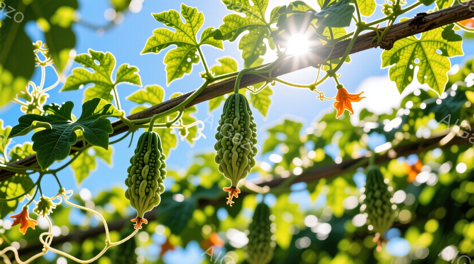 鮮やかな緑色のゴーヤが、つるにぶら下がって成長している様子が捉えられています。背景には、青空と緑豊かな葉が生い茂り、鮮やかなオレンジ色の花がアクセントとして点在しています。全体的に、太陽の光を浴びて育つゴーヤの生命力と、夏らしい爽やかな雰囲気が伝わってきます。