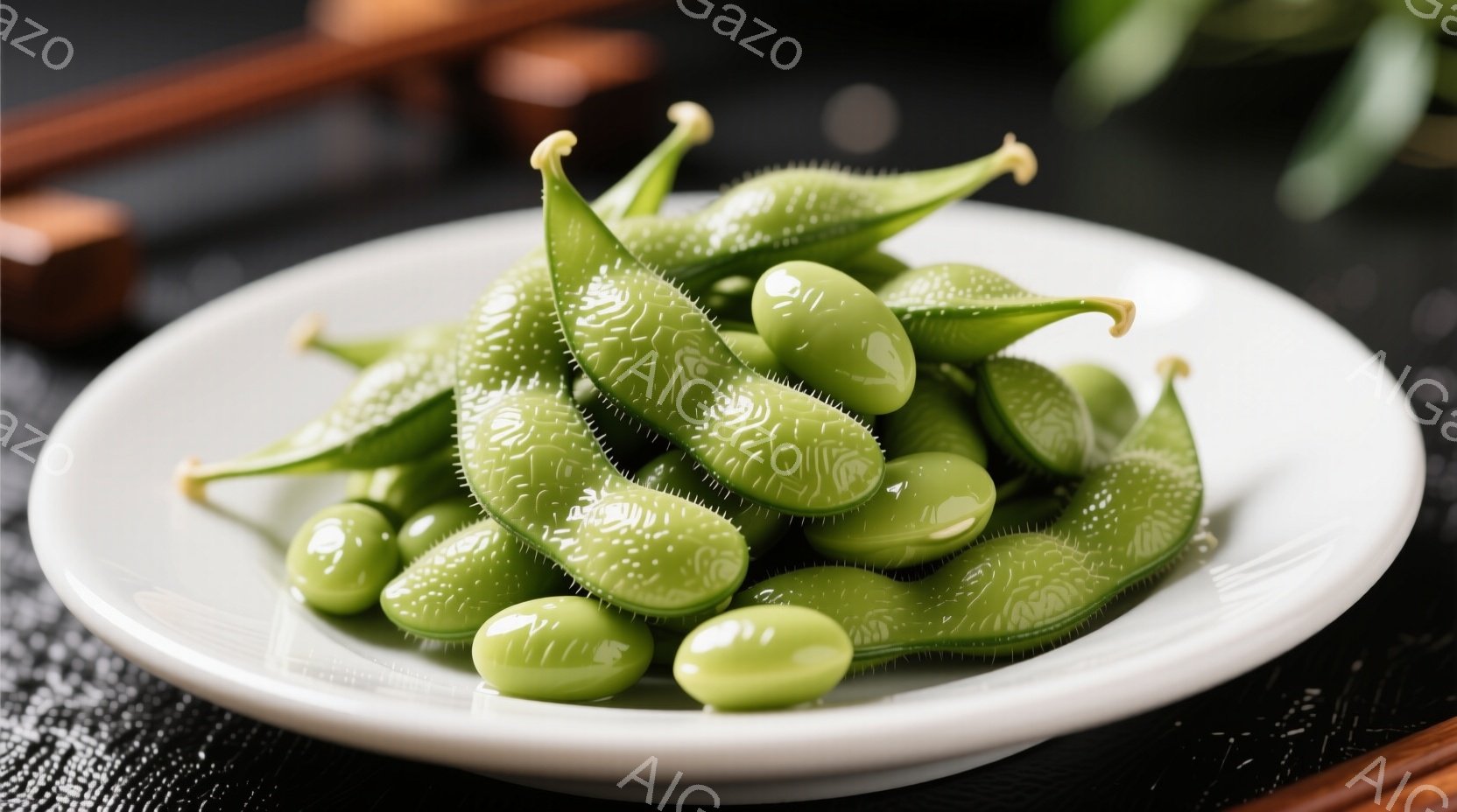 白い皿に、枝豆が盛られています。豆は鮮やかな緑色で、実がふっくらとしており、美味しそうに見えます。背景は黒く、わずかに木製の質感が感じられ、和食の雰囲気を醸し出しています。 - AI生成フリー素材