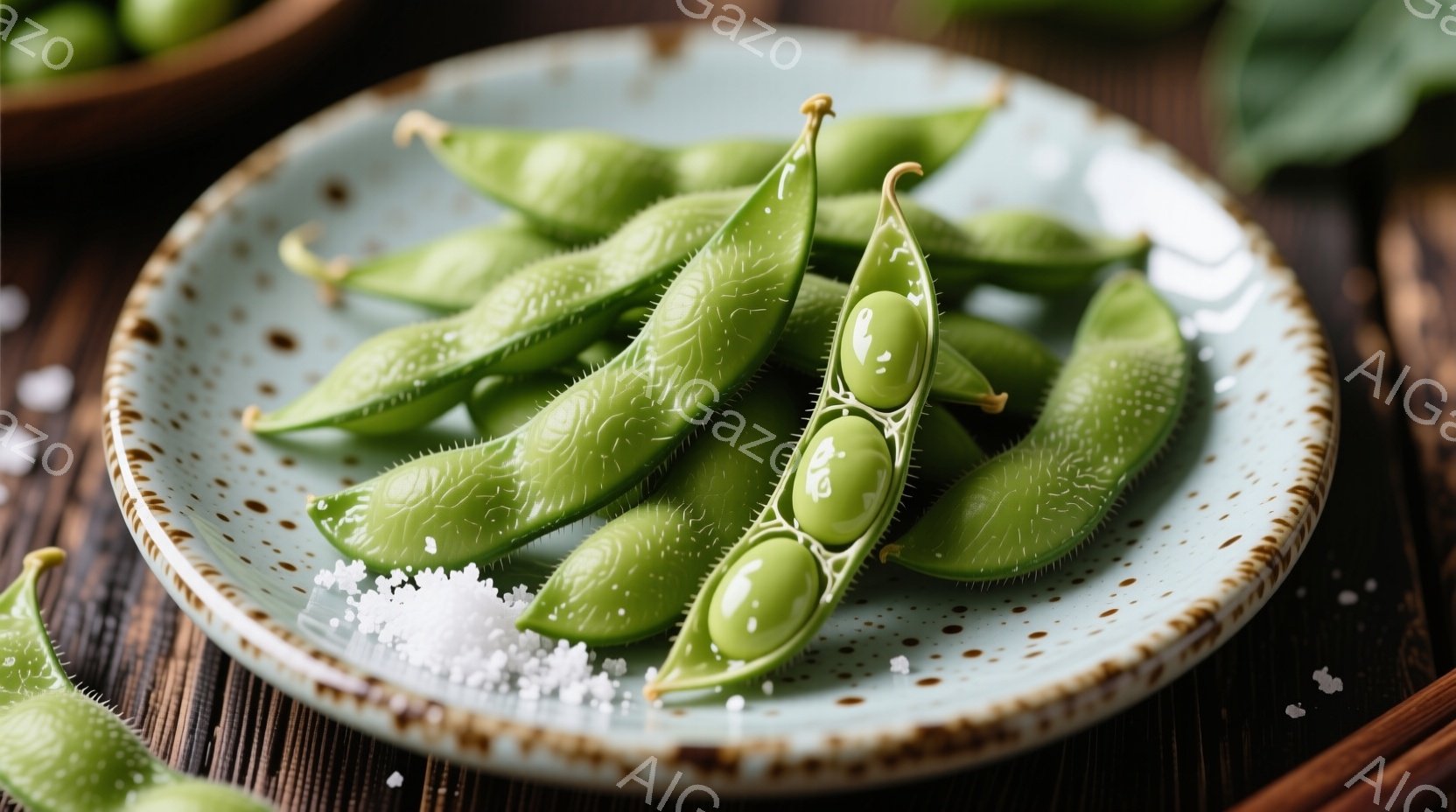 浅い緑色の皿に、枝豆が盛り付けられています。豆の表面にはうっすらと毛が生えており、新鮮さが感じられます。背景は木製のテーブルで、全体的に暖かく、自然な雰囲気が漂っています。 - AI生成フリー素材