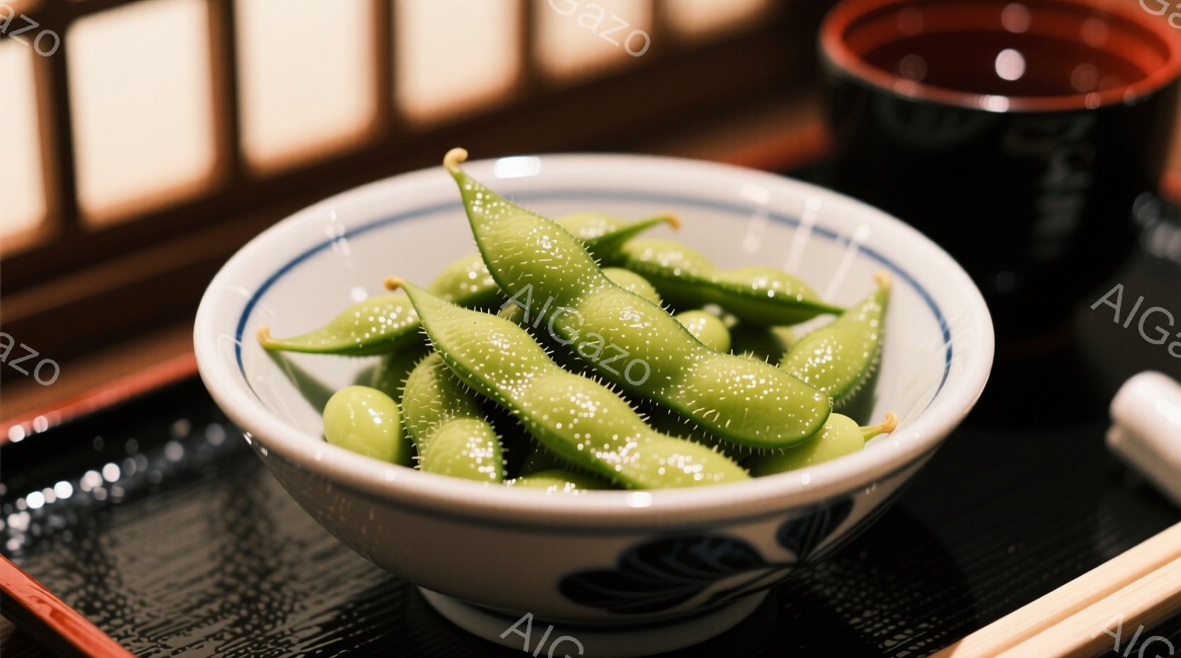 白い器に、枝豆が盛られています。器には青い模様が描かれており、黒い膳の上に置かれています。背景にはぼやけた畳の部屋の一部が見え、日本の伝統的な雰囲気を感じさせます。