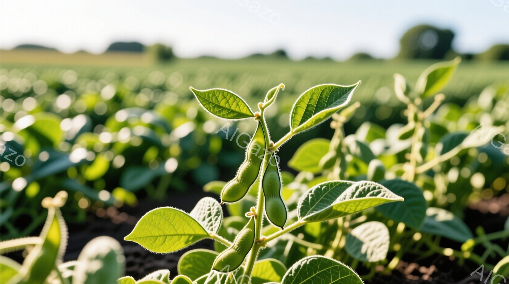 鮮やかな緑色の枝豆が、広大な畑の中で太陽の光を浴びています。背景には、緑豊かな豆の葉が密集し、遠くにはぼんやりとした緑の風景が広がっています。全体的に、穏やかで自然な雰囲気が漂い、生命力と成長を感じさ - AI生成フリー素材