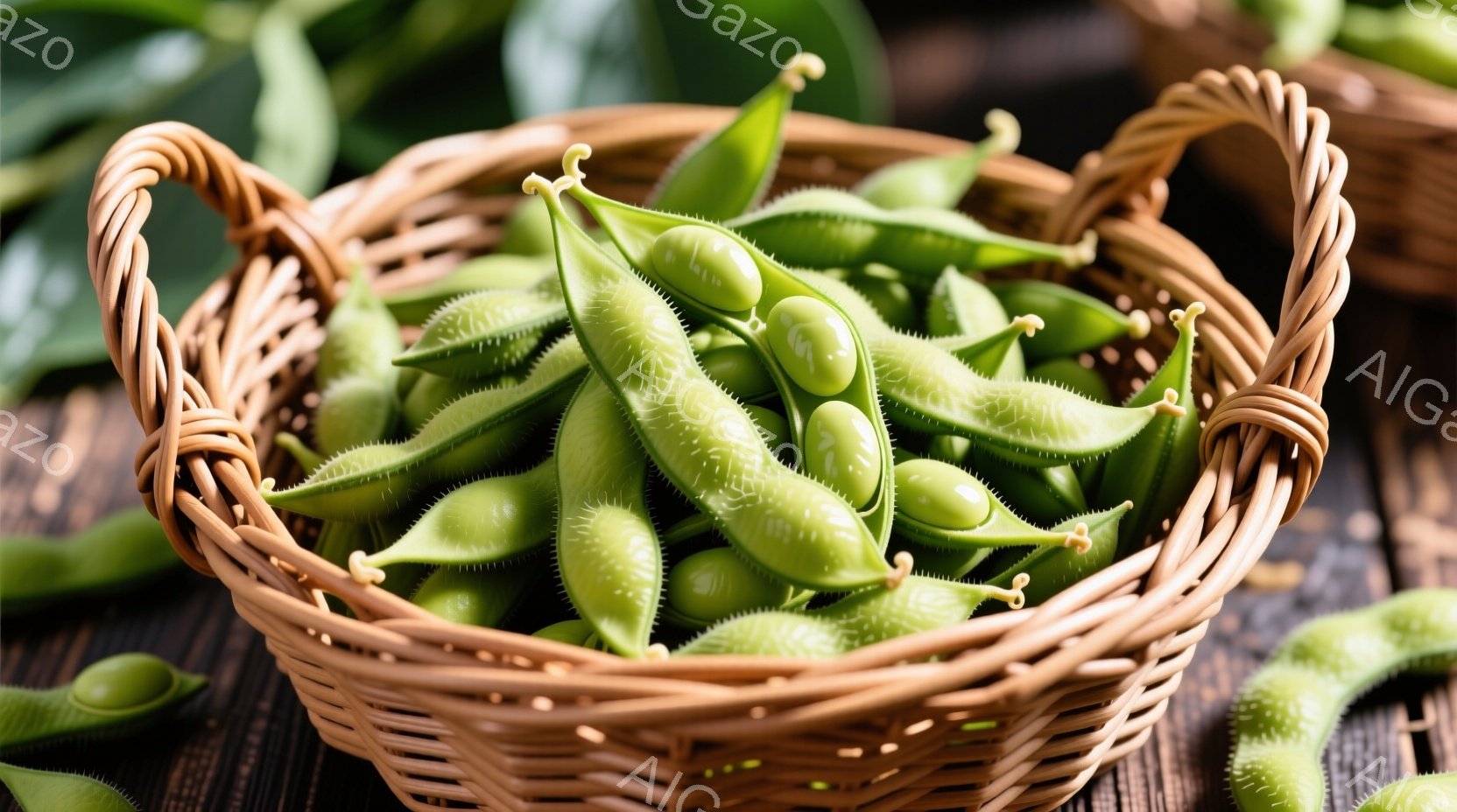 籠の中にたっぷりと枝豆が詰まっています。枝豆は鮮やかな緑色で、表面には細かな毛が生えており、新鮮さを感じさせます。背景は木製のテーブルで、暖かく素朴な雰囲気が漂っています。 - AI生成フリー素材