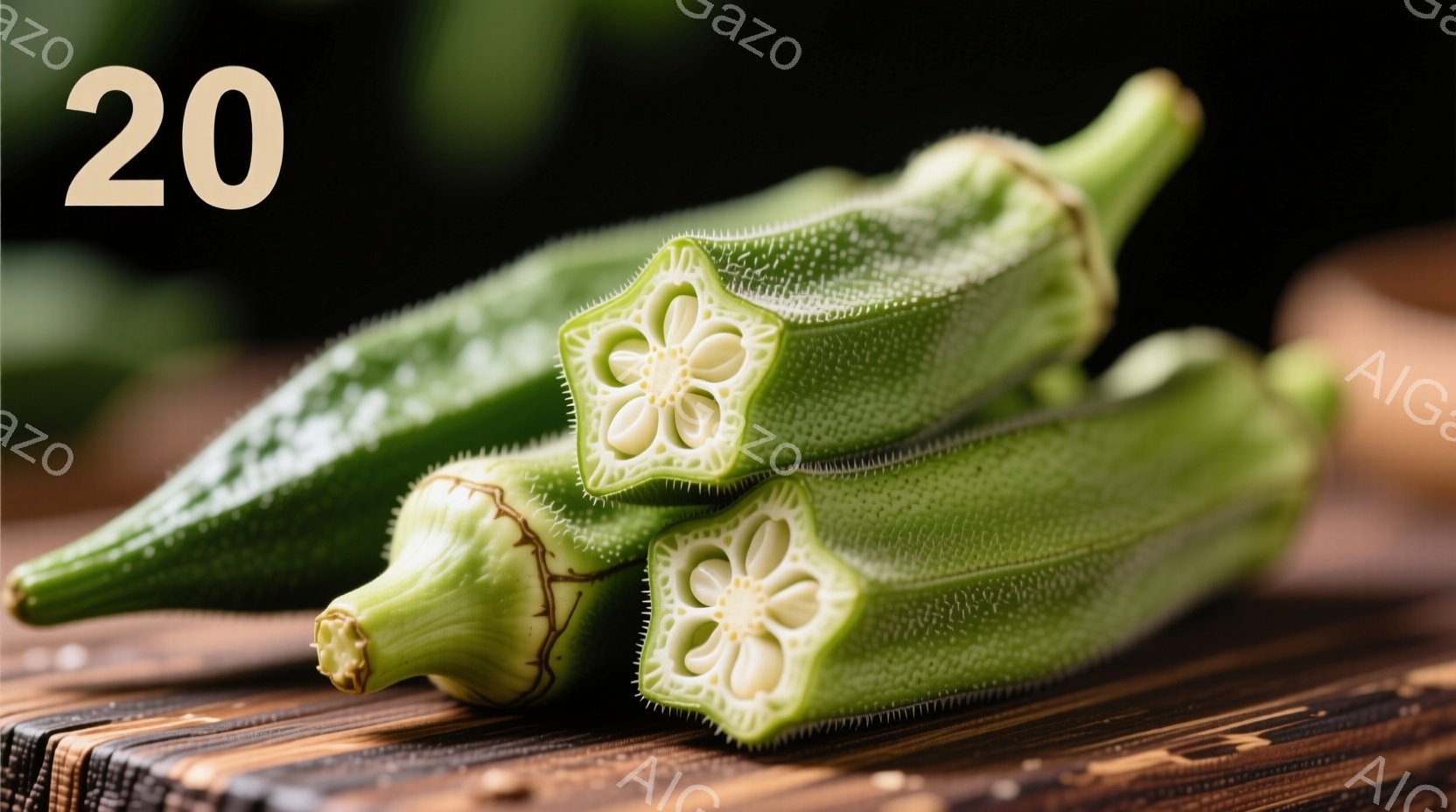 鮮やかな緑色のオクラが、切り口を見せて茶色の木製の板の上に並んでいます。オクラは独特の星形の断面を持ち、表面には細かい毛が確認できます。背景は暗くぼやけており、オクラの鮮やかな色が際立っています。 - AI生成フリー素材