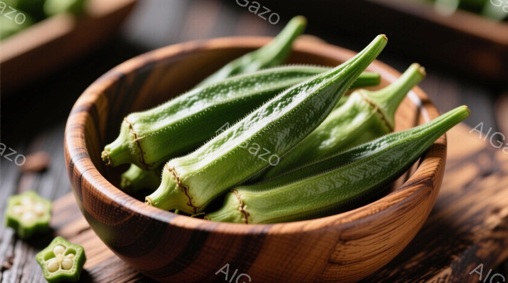 ざっくりとした木製のボウルに、新鮮なオクラがぎっしりと詰まっています。オクラは鮮やかな緑色をしており、独特の形状と表面の筋模様が特徴的です。背景は木製のテーブルで、オクラの鮮やかさを引き立てています。 - AI生成フリー素材