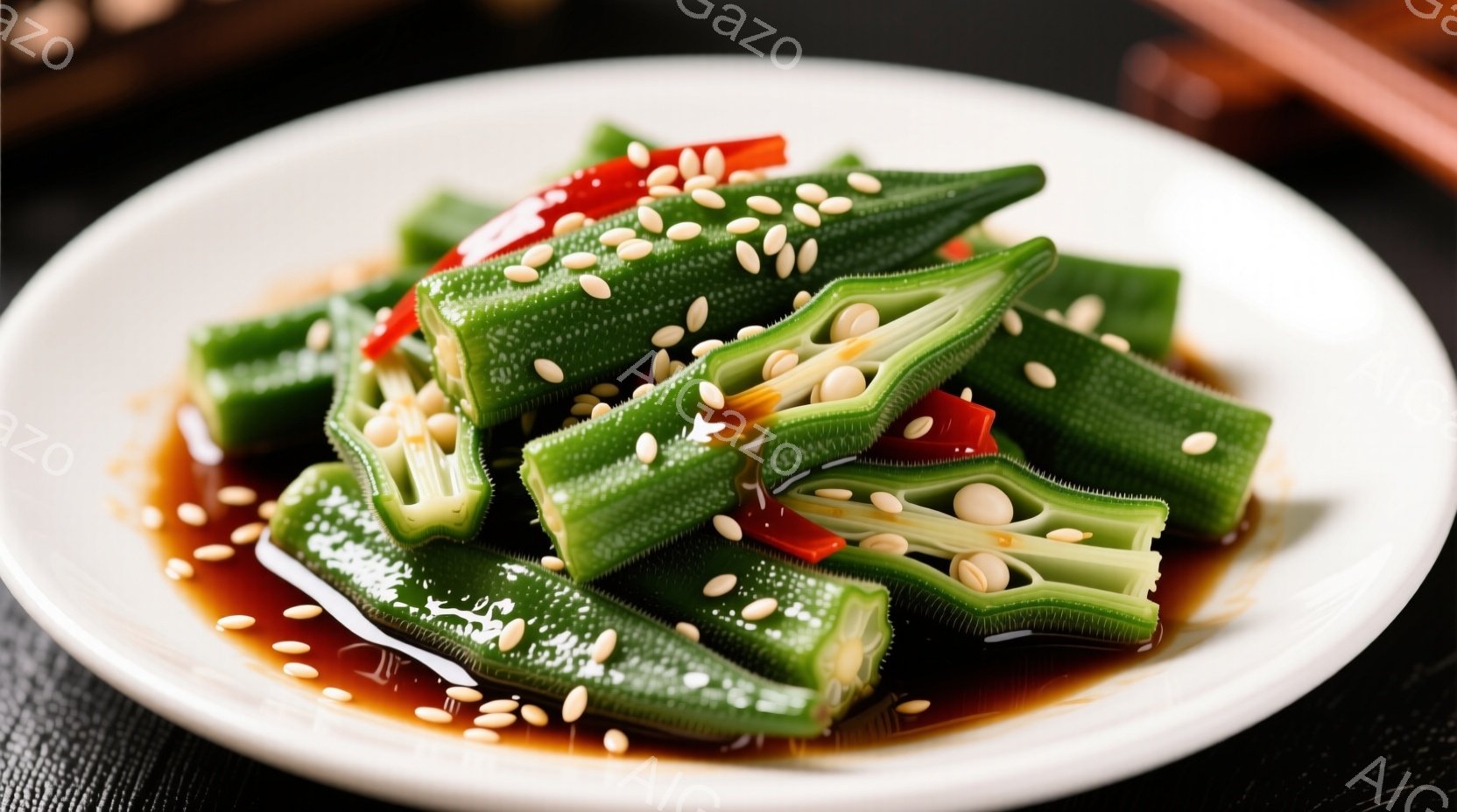 皿には、半分に切られたオクラがたっぷり盛られています。オクラは鮮やかな緑色で、照りのあるダークブラウンのタレがかかっており、全体に白いゴマが散りばめられています。背景は暗く、皿の白い色が際立っています - AI生成フリー素材