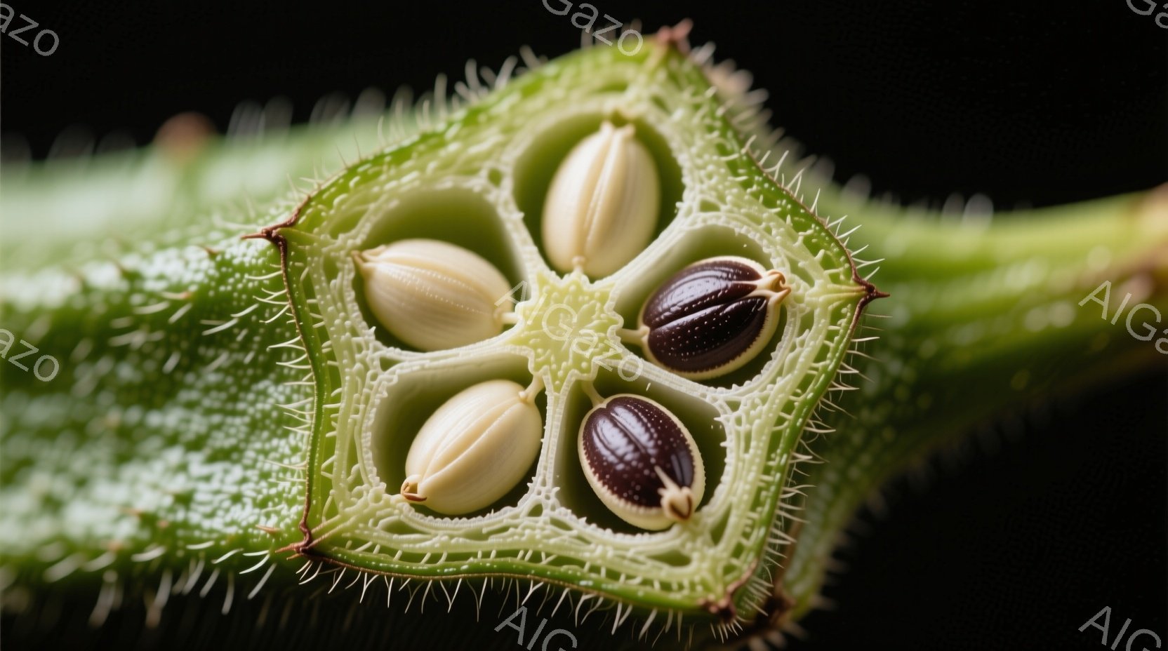 オクラの断面が捉えられたクローズアップ写真です。緑色の果肉の中に、種が規則正しく配置されており、白と茶色のコントラストが印象的です。全体的に、鮮やかな緑色と種子の独特の模様が、自然の美しさを際立たせて - AI生成フリー素材