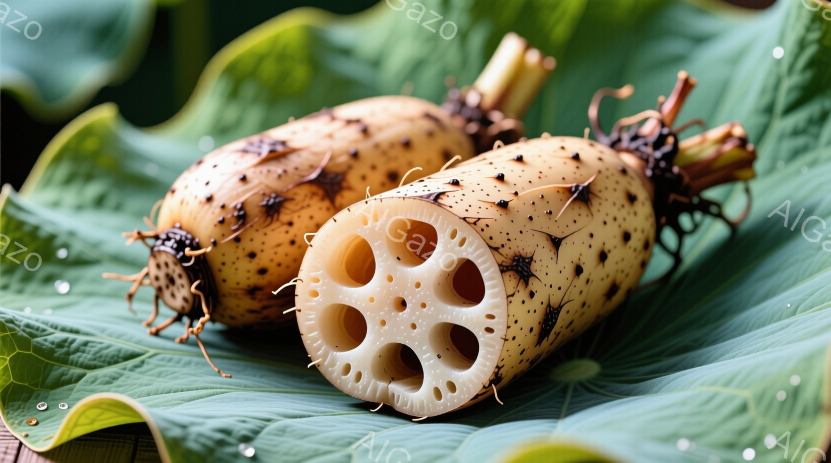 蓮根が緑色の蓮の葉の上に置かれています。一本は切り口から中が白く穴だらけに見え、もう一本は根が絡み合った状態です。葉には水滴があり、背景はぼやけていて自然な雰囲気を醸し出しています。