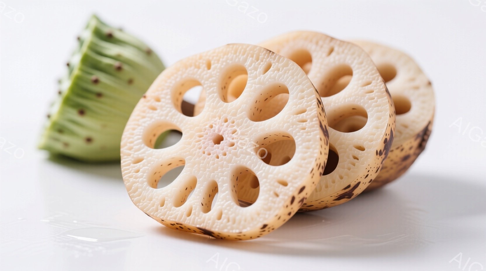 蓮根のスライスが三枚、鮮やかな緑色の蓮の茎の一部とともに白い背景に置かれています。スライスされた蓮根は、特徴的な穴が空いており、表面にはわずかな茶色の斑点が見られます。背景は白く、光沢があり、食材に焦点が当てられています。