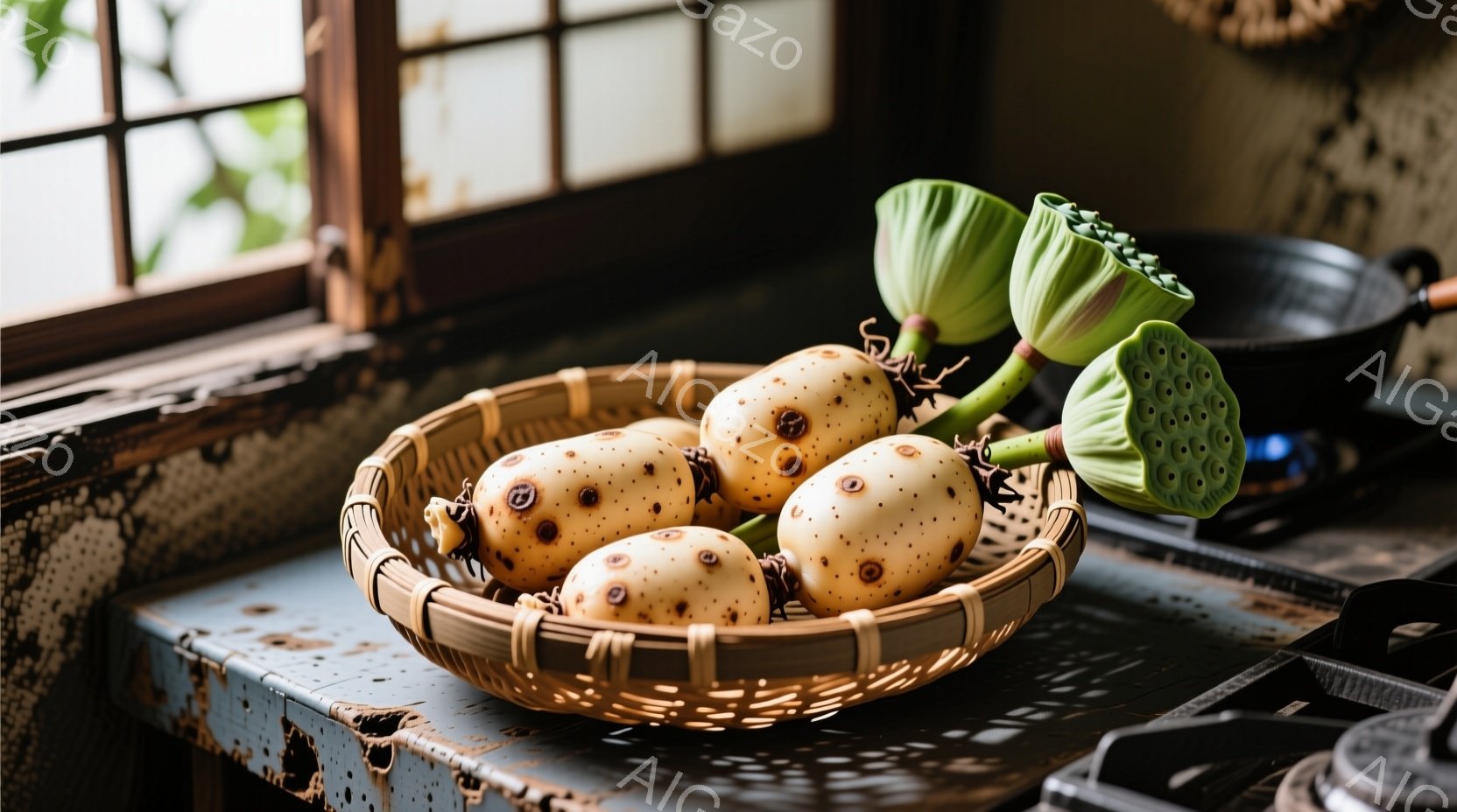 籐編みの籠の中に、レンコンが数個並べられています。背景には古びたガスコンロと窓が見え、光が差し込み、落ち着いた温かい雰囲気を作り出しています。全体的に素朴で自然な色合いが、日本の伝統的な生活空間を彷彿とさせます。