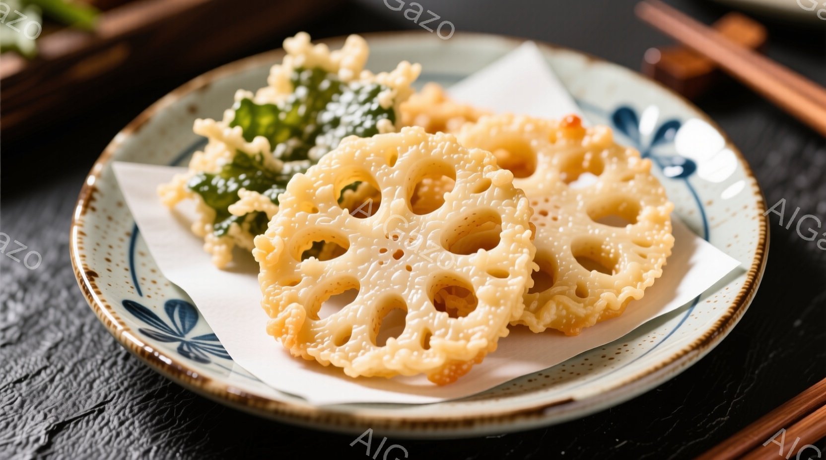 浅い藍色の縁取りが施された白い皿に、天ぷらにしたレンコンと海苔和えが乗っています。レンコンは星形にカットされ、サクサクとした食感が想像できます。背景は黒い木製のテーブルで、和食の落ち着いた雰囲気を醸し出しています。