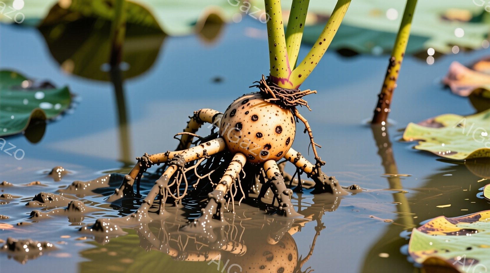 泥水の中に、根が複雑に絡み合った蓮の球根が浮かんでいる。球根は茶色と白のまだら模様で、上には緑色の茎が数本生えている。背景には水面が広がり、周りには蓮の葉が点在し、穏やかで静謐な雰囲気を醸し出している。
