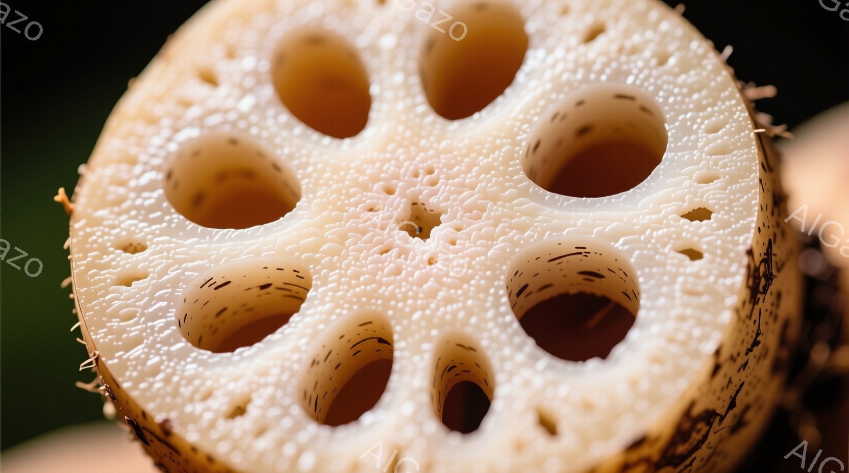 レンコンの断面がクローズアップで捉えられています。クリーム色で多孔質の構造が特徴的で、穴あきレンコンの内部が詳細に表現されています。背景は緑色のぼかしで、自然な雰囲気を醸し出しています。