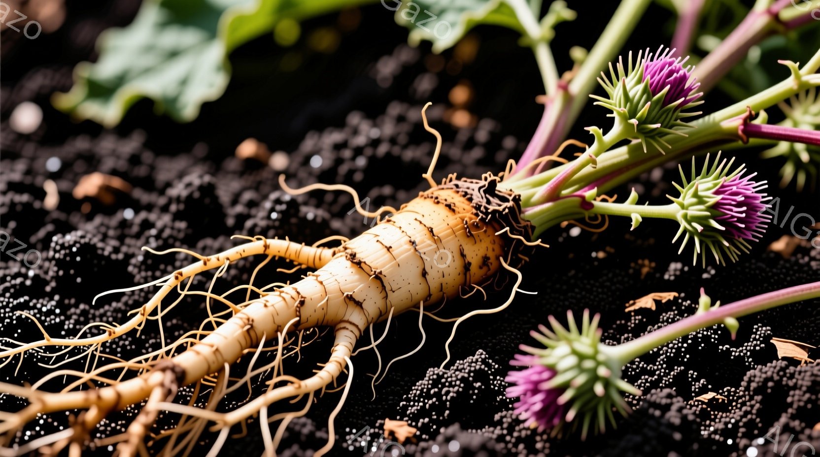 濃い茶色の土の中に、白くて細長い根を持つ植物が横たわっています。紫色の小さな花が咲いた茎が数本、根の周りに点在し、植物全体が土と光に照らされた状態で、どこか神秘的な雰囲気を醸し出しています。根は土の中にしっかりと張り、生命力に満ち溢れた様子が伺えます。