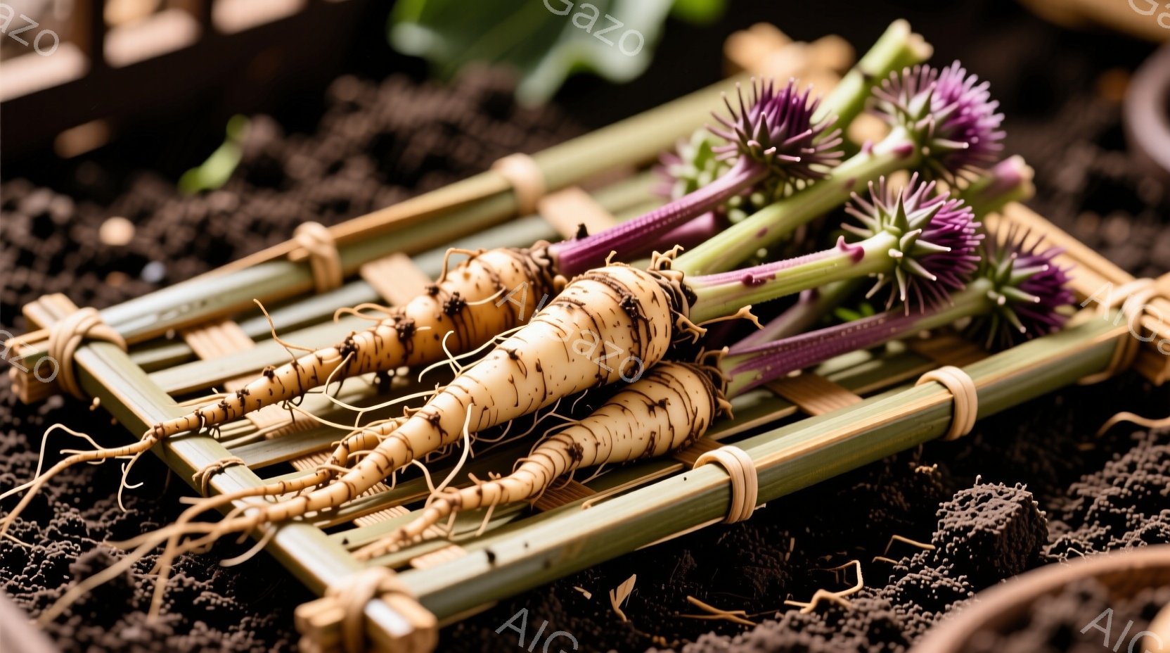 鮮やかな紫色の花穂と、土に汚れた根茎が竹製の網の上に並べられています。根茎は白っぽく、表面に土が付着しており、自然な質感と生命力を感じさせます。背景には暗い土と他の植物の緑が見え、全体的に素朴で温かみのある雰囲気を醸し出しています。