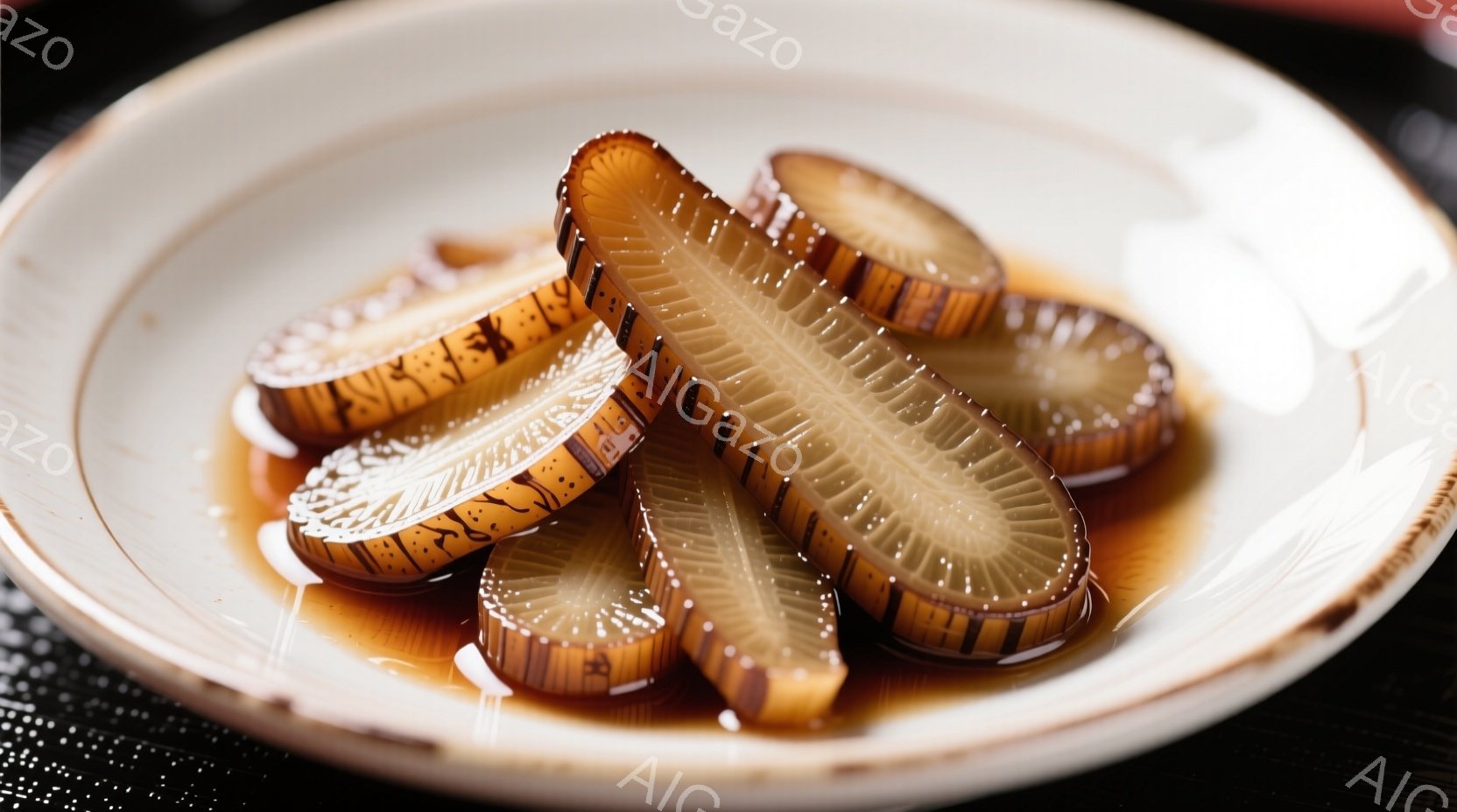 皿には、薄くスライスされたレンコンが、照りのある醤油ベースのタレに浸されています。レンコンは、均等な間隔で穴が開いた特徴的な形状をしており、光沢があり、食欲をそそるように見えます。背景は暗く、皿の質感とレンコンの美しい色合いが際立っています。