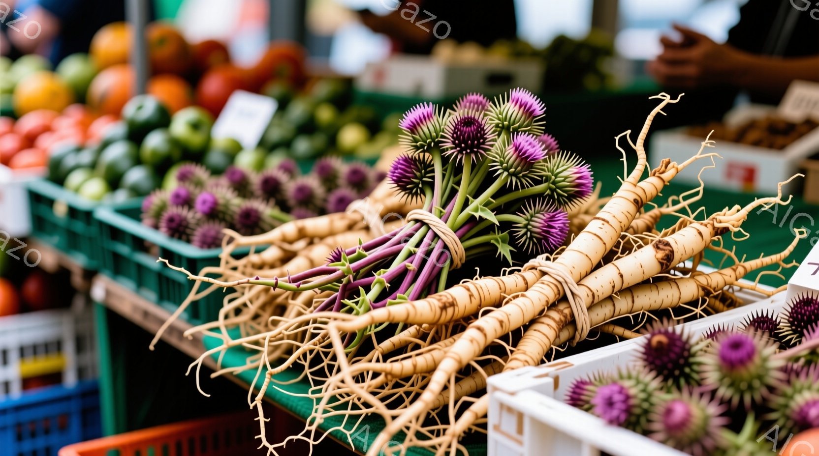 鮮やかな紫色のエキナセアの花と根が、市場のプラスチック製の箱に積み重ねられています。背景には緑色の野菜や他の花がぼやけており、活気のある市場の雰囲気が伝わってきます。全体的に明るく、色彩豊かな光景で、 - AI生成フリー素材