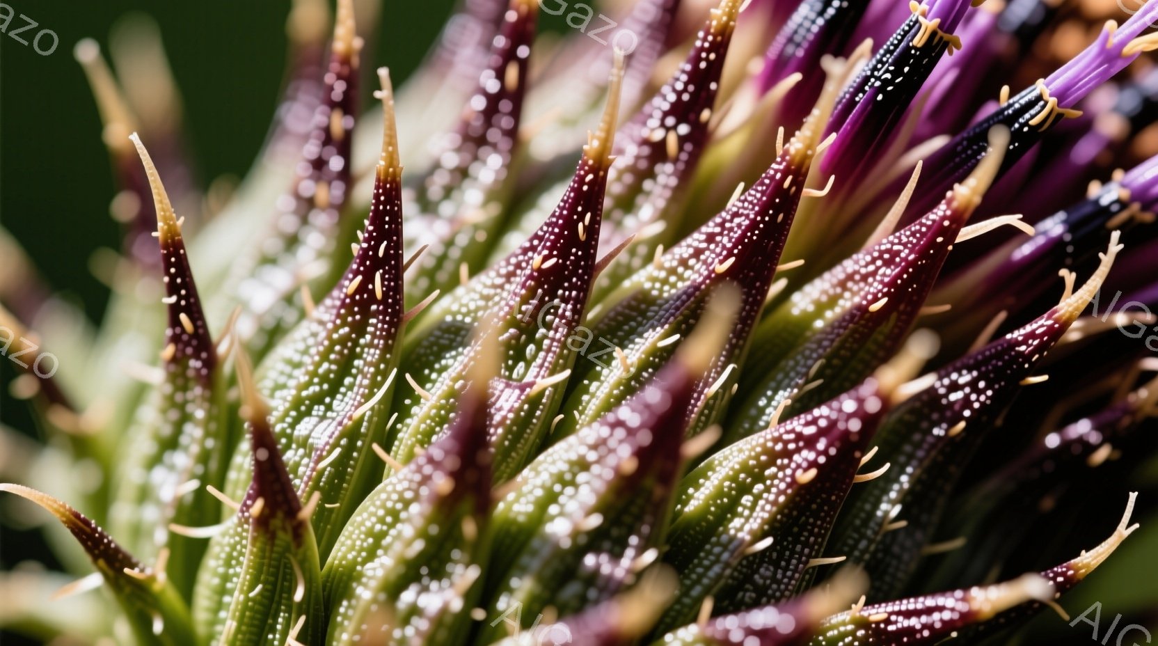 鮮やかな緑と紫色の縞模様が特徴的な多肉植物のクローズアップ写真です。葉は尖っており、表面には細かい白い斑点がびっしりと並んでいます。背景は暗くぼやけており、植物の独特なテクスチャと色彩が際立っています。