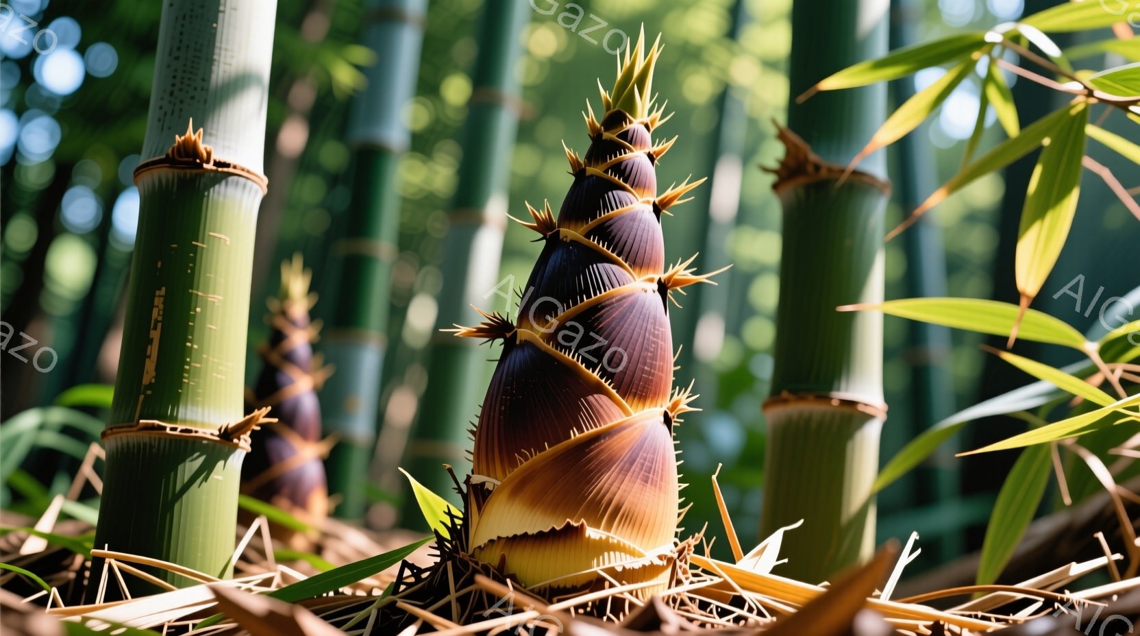 鮮やかな緑色の竹林の中に、新芽が力強く伸びています。新芽は茶色と黄色の美しいグラデーションで、尖った葉がまるで王冠のように広がっています。背景には他の竹がぼやけており、光が差し込むことで穏やかで生命力に満ちた雰囲気が漂っています。