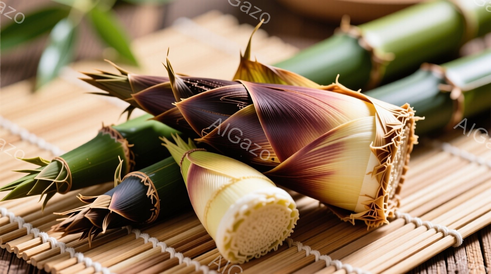 竹の芽が数本、藁の敷物の上に並べられています。葉はまだ展開しておらず、赤茶色と黄色のグラデーションが美しく、新緑の緑色の茎とのコントラストが印象的です。全体的に自然で素朴な雰囲気が漂い、春の訪れを感じさせます。