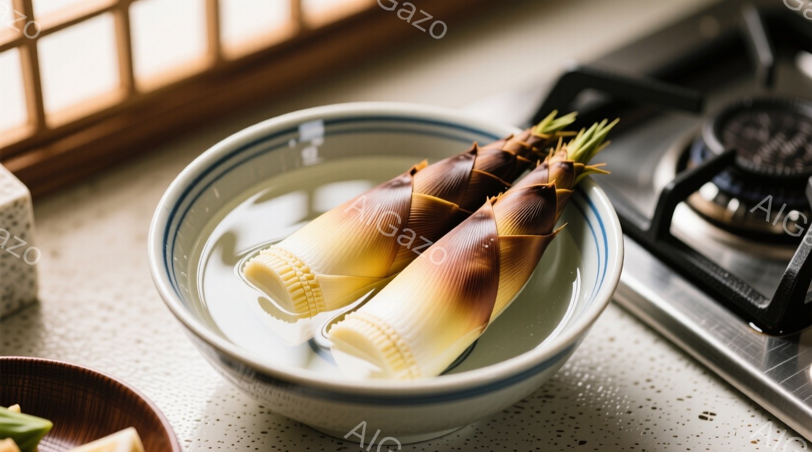 白いストライプが入った陶器の鉢に、洗われたばかりのレンコンが浸かっている様子が捉えられています。 レンコンは半分白く、半分赤茶色で、鮮やかな緑色の葉が少し覗いています。 背景には、ガスコンロと、ぼんやりとした自然光が差し込む窓があり、落ち着いた和の雰囲気を感じさせます。