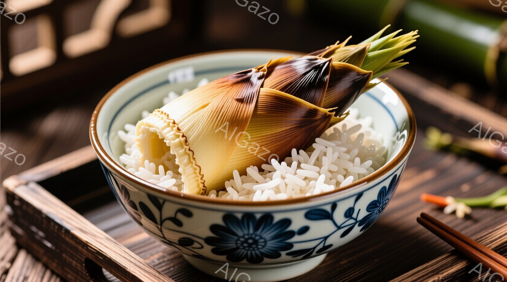 白いご飯が盛られた美しい模様の丼が、木製の盆の上に置かれている。丼の上には、薄くスライスされたレンコンが飾りとして乗せられ、その端には鮮やかな緑色の葉が生えている。背景には、わずかに赤い食材と箸が見え、全体的に落ち着いた暖色系の雰囲気である。