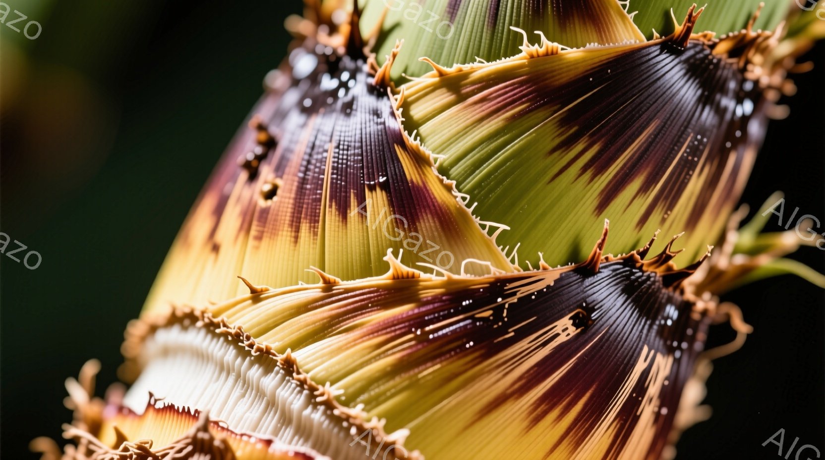 鮮やかなバナナの花のつぼみが、渦を巻くように密集して写っている。花びらは緑色から黄色、そして紫色のグラデーションで、独特の縞模様とギザギザの縁が特徴的だ。暗い背景とのコントラストが、つぼみの鮮やかさを際立たせ、エキゾチックな雰囲気を醸し出している。