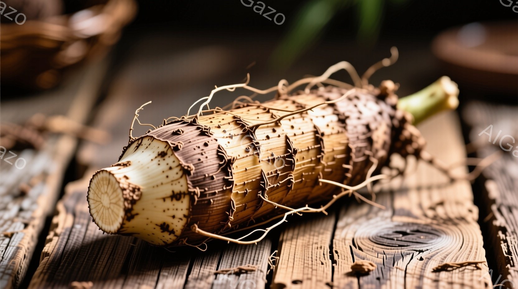 根茎類と思わしきものが、ざらざらとした古びた木の板の上に置かれています。切り口からは淡いクリーム色が覗き、表面は土や泥が付着した茶色と、細い根が絡み合っています。 全体的に素朴で自然な雰囲気で、収穫さ - AI生成フリー素材