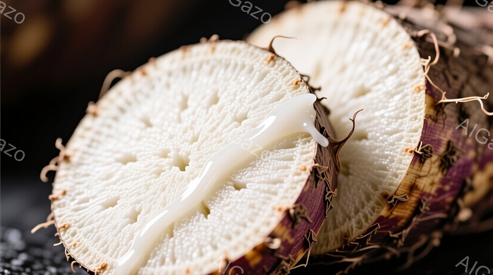 象牙色と紫色のコントラストが美しいヤムイモのスライスが2枚、黒い背景に配置されている。切り口からは白い液体が流れ出し、新鮮さと水分を感じさせる。繊維質のテクスチャが強調されており、自然の恵みを感じさせる、シンプルな構成の写真である。