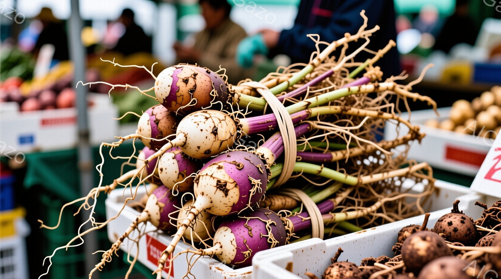 白いプラスチックの箱に、紫と白のまだら模様のレンコンが束ねられてぎっしりと並んでいる。箱は市場の屋台の一部で、他の野菜や果物も箱に詰め込まれているのがわずかに見える。全体的に、新鮮な食材が豊富で活気のある市場の雰囲気が伝わってくる。