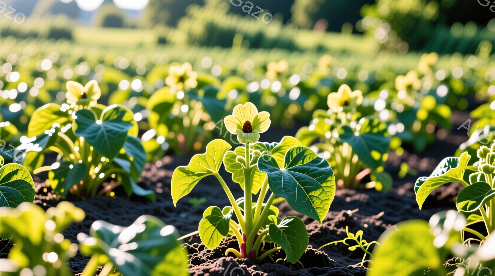 広大な畑に、緑色の葉と淡い黄色の花をつけた植物が密集して生えている様子が捉えられています。土は黒く、植物の根元にはマルチングが施されているように見えます。背景はぼやけており、穏やかで暖かい日差しが差し - AI生成フリー素材