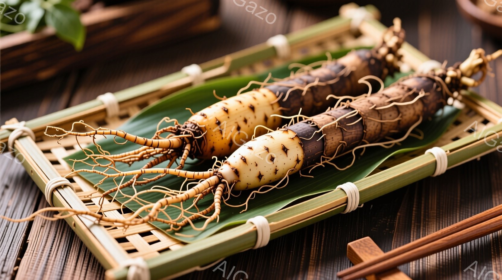 根が露出した細長い山芋が、竹製の盆に載せられた棕櫚の葉の上に置かれています。盆は籐で編まれた装飾が施され、背景には木製のテーブルと箸が見えます。全体的に、自然素材を活かした落ち着いた雰囲気で、和食や健康食品を連想させます。