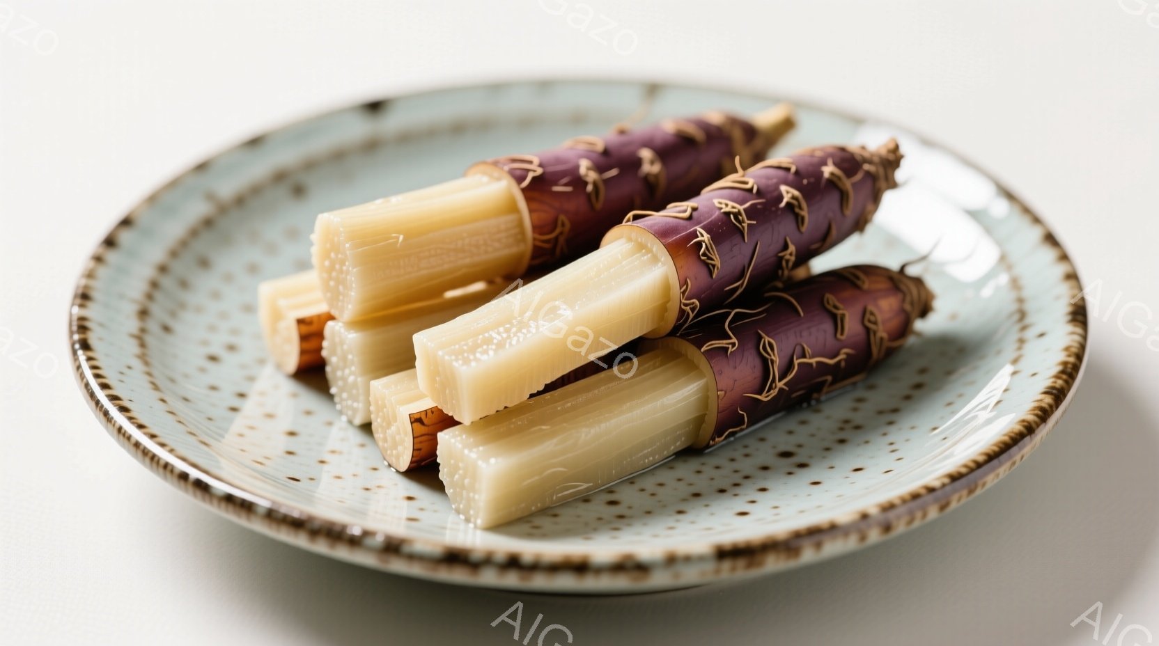 浅い水色の縁取りのある陶器の皿に、数本のレンコンが並べられています。レンコンは半分が白く、半分が紫色に色づいており、独特の模様が楽しめます。皿の背景は白く、レンコンの自然な色合いが際立っています。
