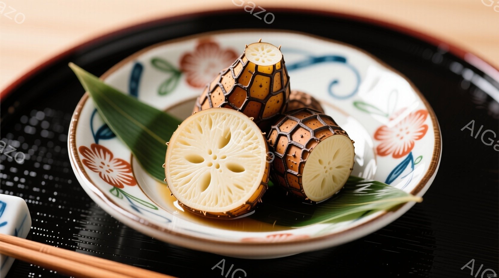 蓮根のスライスが、白と茶色の美しい対比を見せながら、和柄の皿の上に盛り付けられています。皿の背景には、緑色の葉が添えられ、日本の伝統的な食文化を感じさせます。黒色の台と箸が配置されており、料理を上品に - AI生成フリー素材