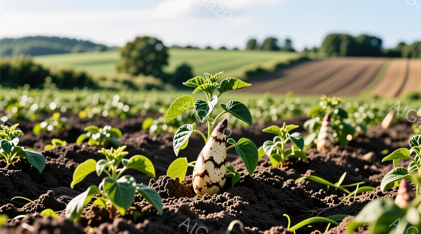 肥沃な土壌に生えたばかりの若いジャガイモの芽が写っている。背景には、緑豊かな丘陵地帯と耕された畑が広がり、穏やかな日差しが全体を照らしている。農地の緑と土の茶色が調和し、生命力と自然の恵みが感じられる、穏やかな雰囲気の写真である。